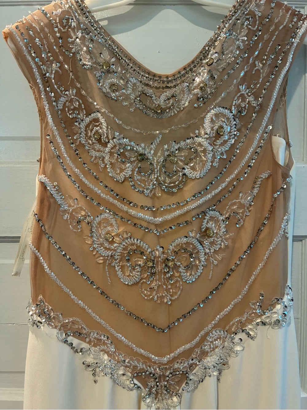 Galina Signature Beaded Formal Gown Ivory Nude Illusion Dress Size 14 SWG752